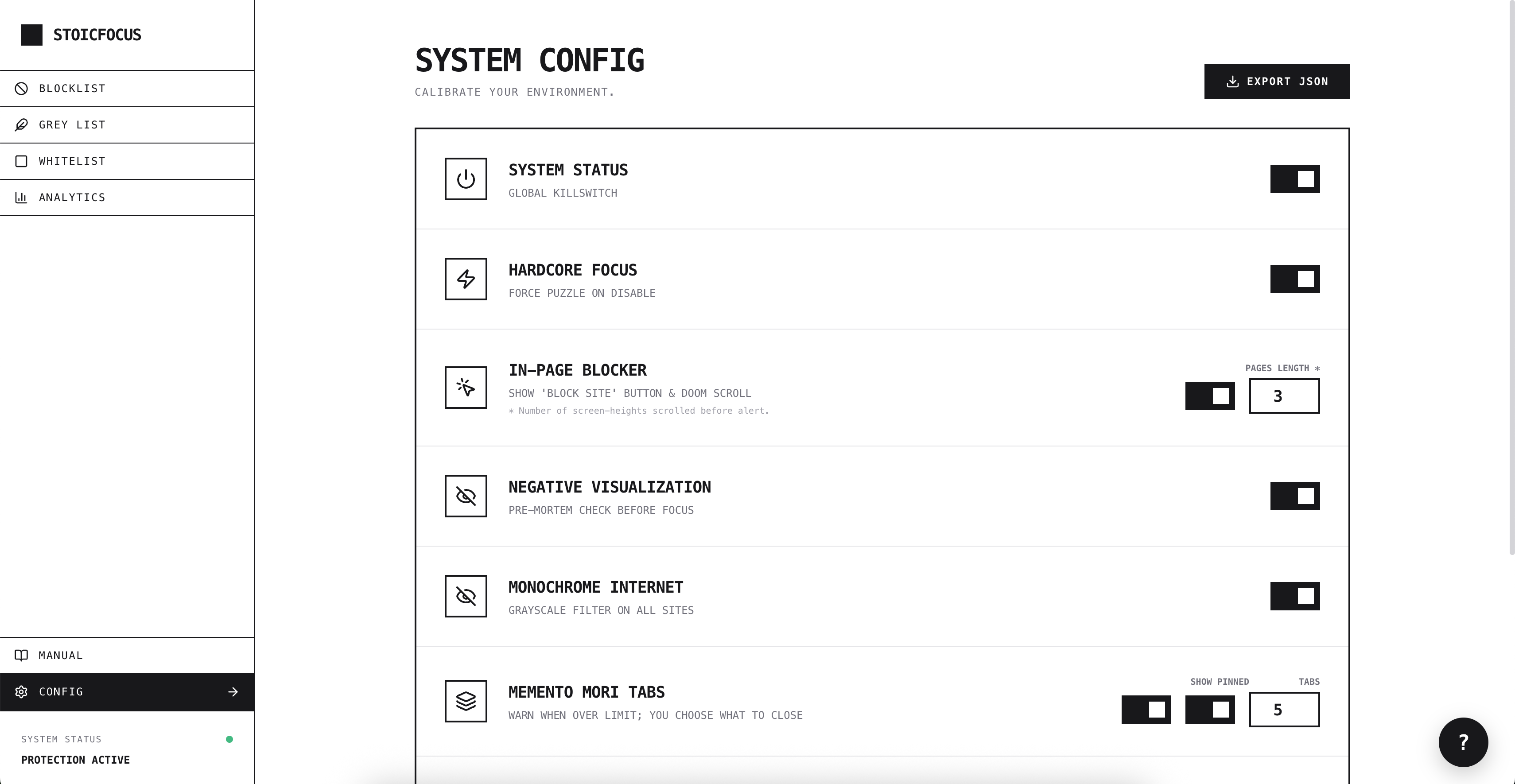 StoicFocus dashboard setup screen